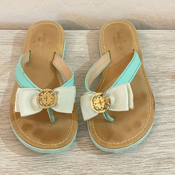 kate spade Shoes - Kate Spade Sandals 6 Ida Mint Light Turquoise Ribbon Gold Logo Flip Flops